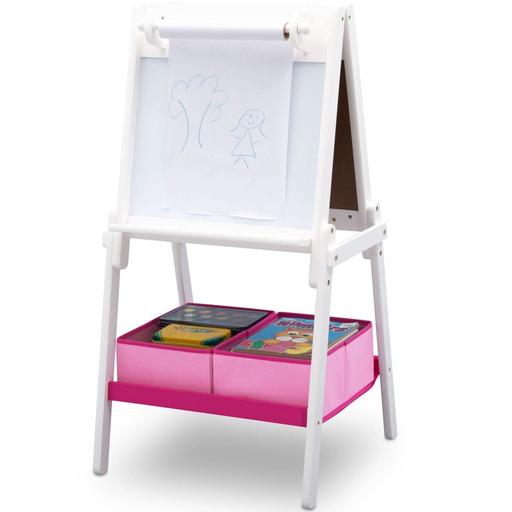 Delta Children Kinder TE87600GN-130 doppelseitige Kreidetafel aus Holz, Whiteboard + Papierrolle, weiß
