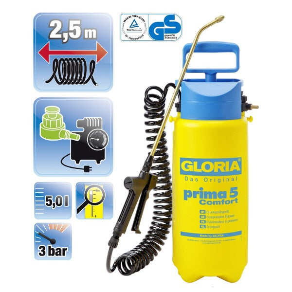 Gloria Haus und Garten 000091.0000 Prima 5 Comfort Drucksprüher 5 l Kompressoranschluss, Spiralschlauch