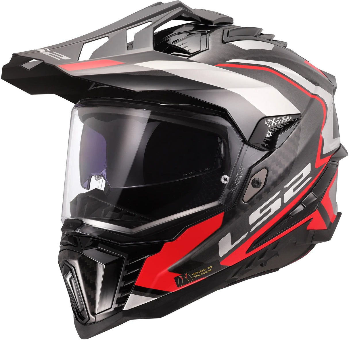 Ls2 Enduro-Helm MX701 Explorer Carbon Frontier II, interne Sonnenblende, abnehmbar, waschbar, hypoallergen und atmungsaktiv, verstärkter Kinnriemen, Rettungswangenpolster, Doppel-D-Futter Helm MX701 Expl. car.fr.ii m rot schwarz