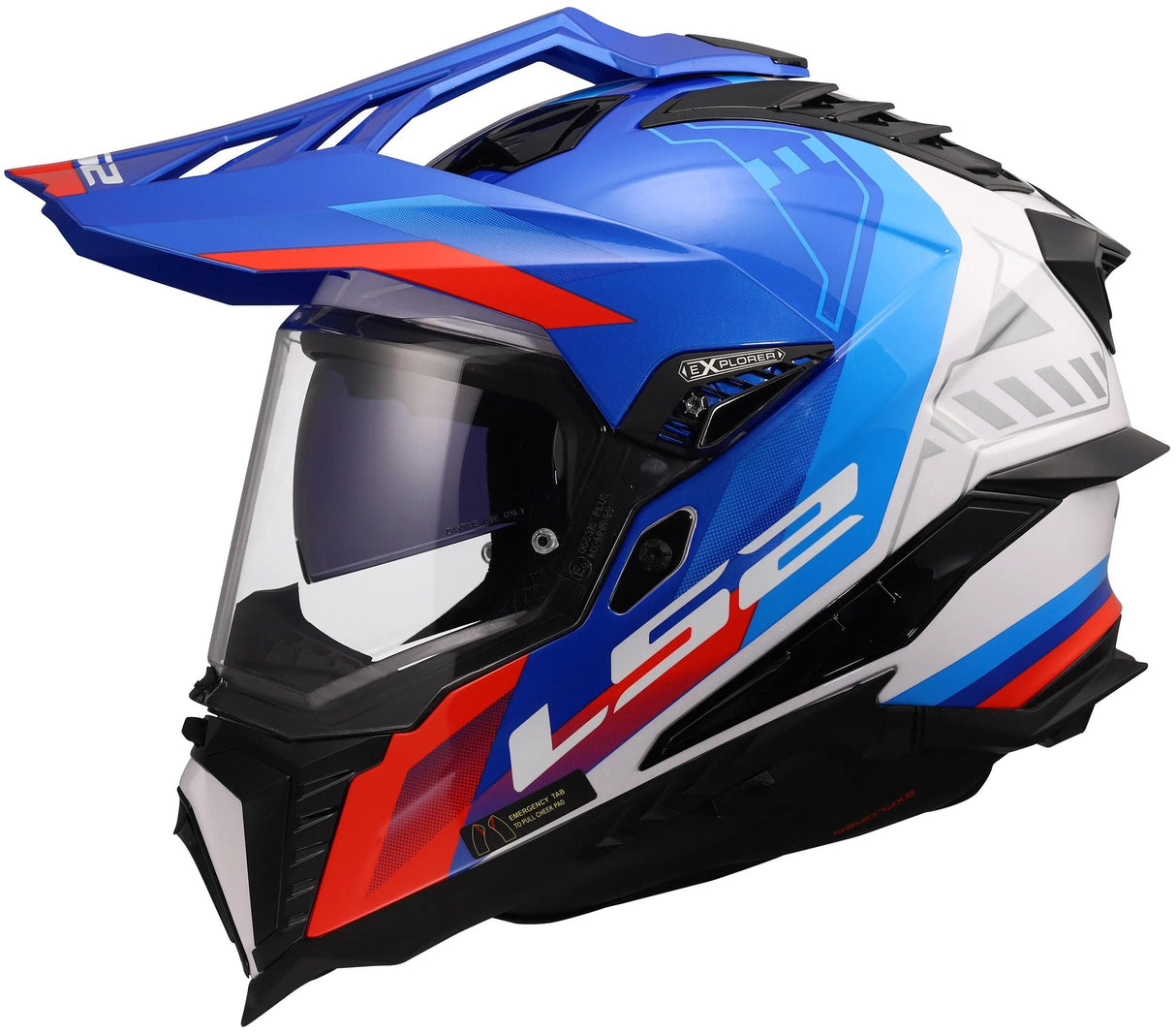 LS2 Enduro-Helm MX701 Explorer Hexa, interne Sonnenblende, kratzfestes und UV-beständiges Visier mit Verriegelungsmechanismus. Helm MX701 Explorer Hexa weiß blau rot xxl