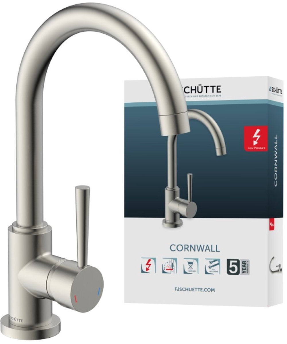 Schütte Eenknops-Mixer mit runden Spout Cornwall Low-Pressure Edelstahl-Look