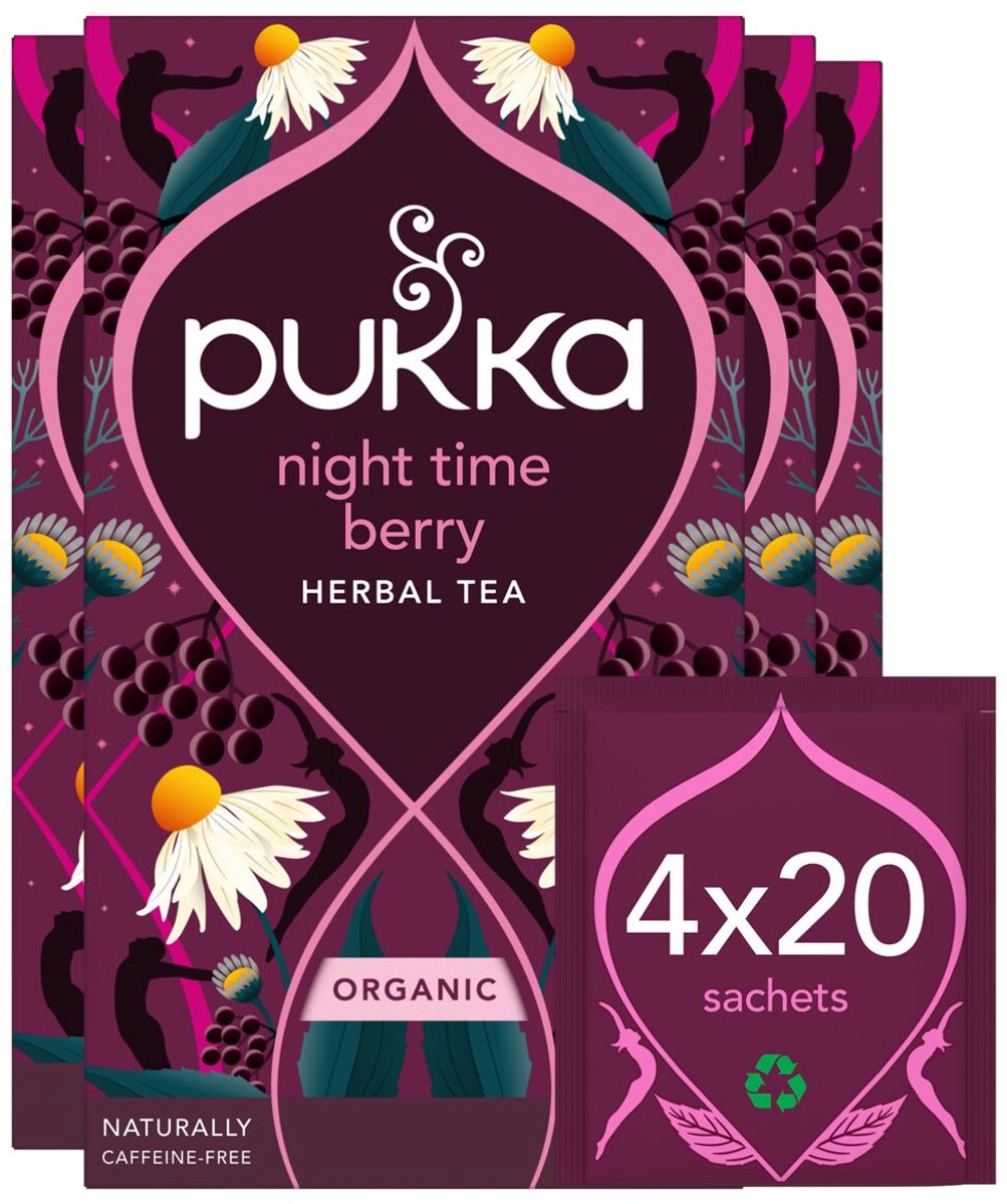 Pukka Tee Night Time Berry – 80 Teebeutel – Bio-Kräutertee – Kamille, Brombeere, schwarze Johannisbeere – 4 x 20 Beutel – Tee-Vorteilspackung