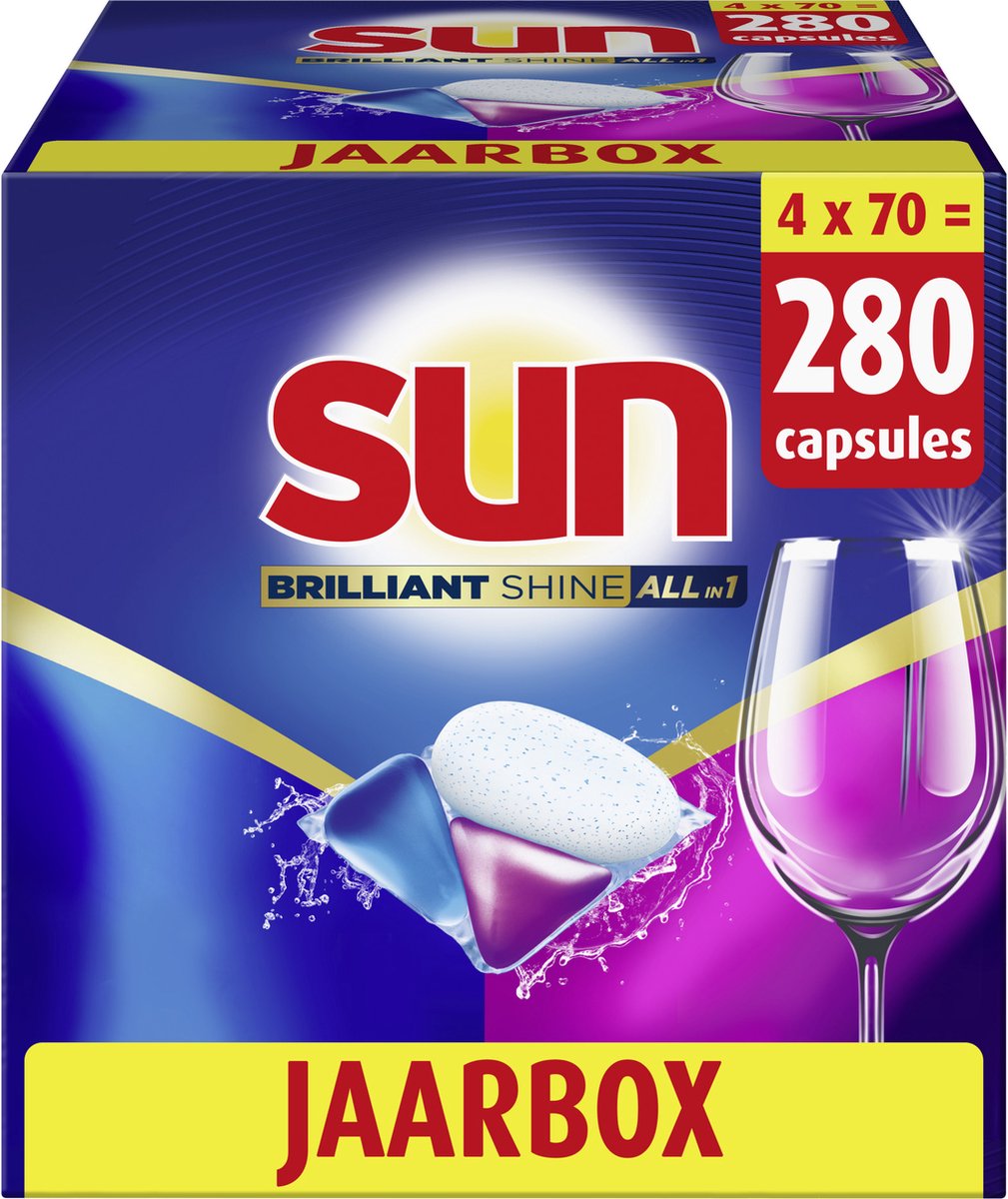 Sun - vaatwastabletten - brilliant shine - all-in 1 - 280 capsules - voordeelverpakking