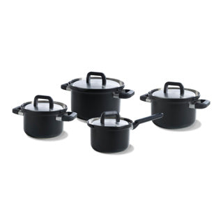 BK Flow Cool Black Pfannenset 4-teilig – 16 18 20 cm – ohne PFAS-freie Antihaftbeschichtung – Induktionspfannenset – Edelstahl-Kochpfanne – ofenfest bis 160 °C – mit Deckel – Silber