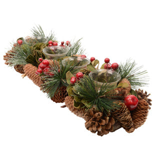 Kaemingk Teelichthalter Tannenzapfen, rechteckig, Beeren, Kieferngrün, 4 Teelichthalter aus Glas