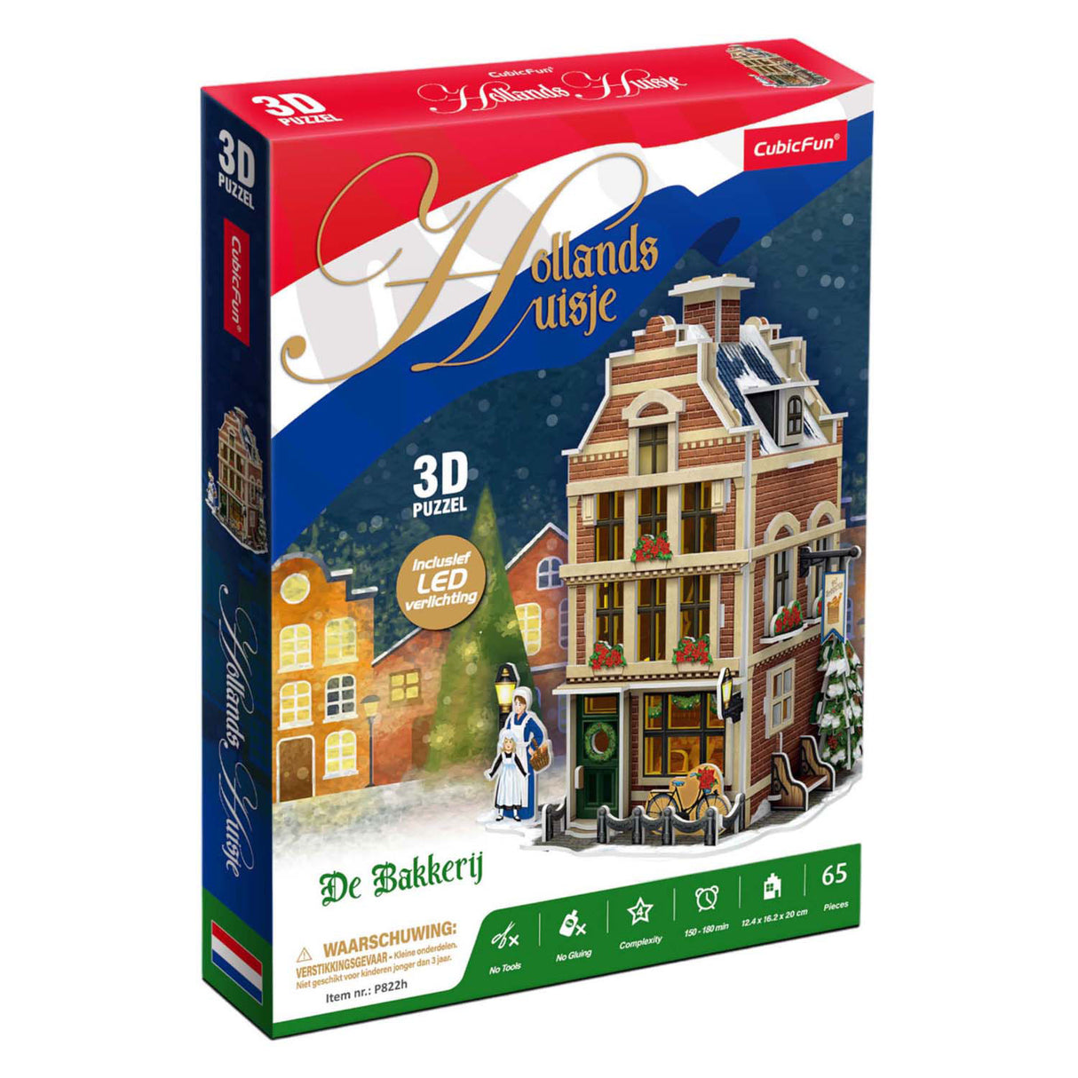Kubisches lustiges 3D-Puzzle „Holländische Bäckerei“ mit LED-Beleuchtung – 65 Teile.