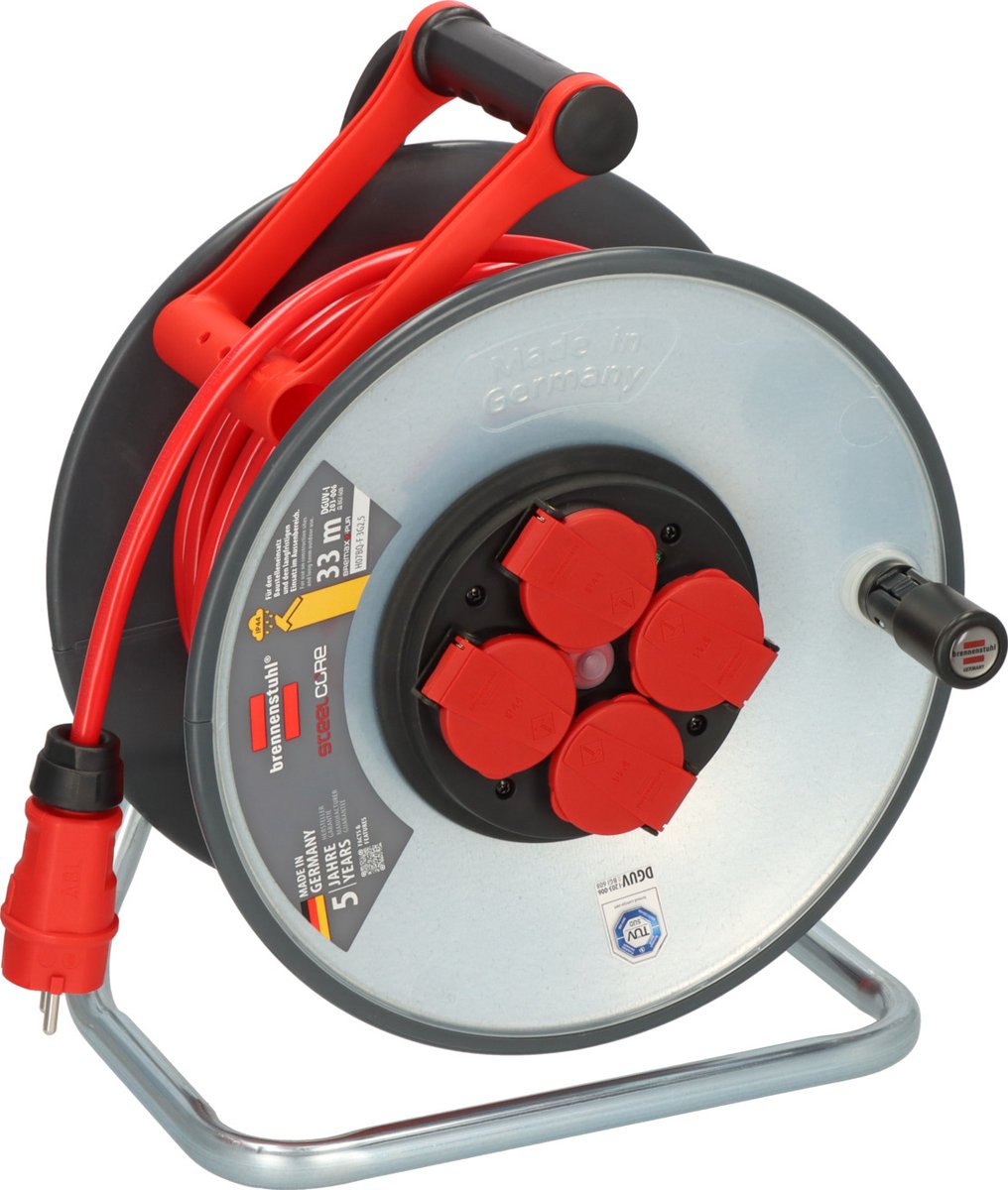 Brennenstuhl bouwkabelhaspel 4-voudig h07bq-f 3x2.5mm staal ip44 33 meter - rood (9192330210)