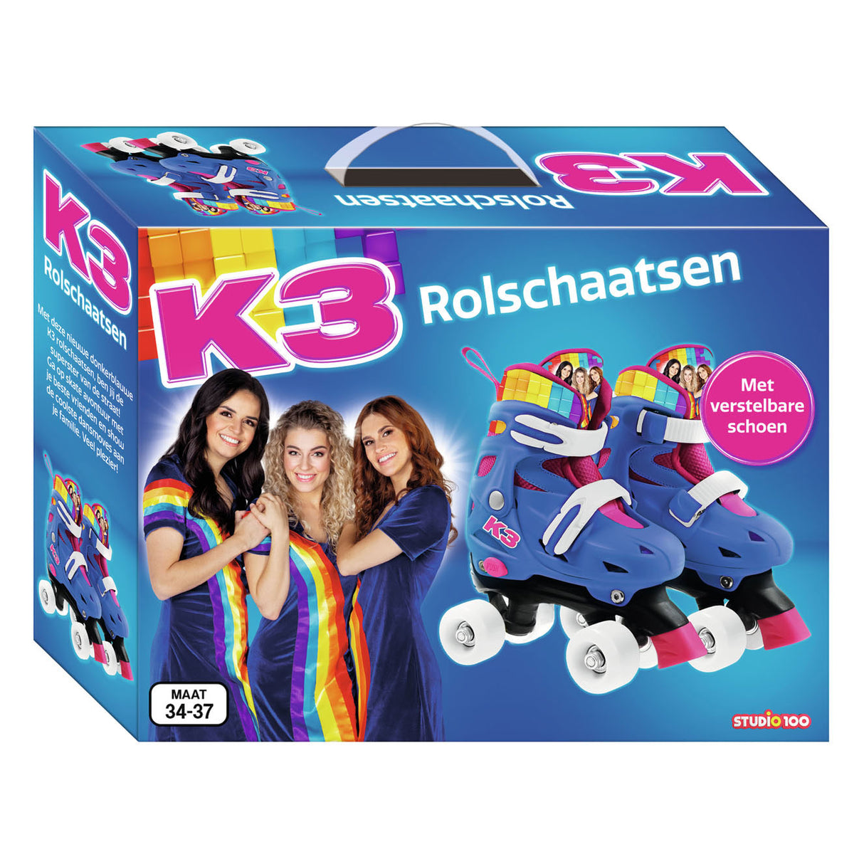 K3 - Rollschuhe - Größe 34 37 - in 4 Größen verstellbar - mit Stopper - Weiß - Regenbogen - mit Rollen in 4 Farben