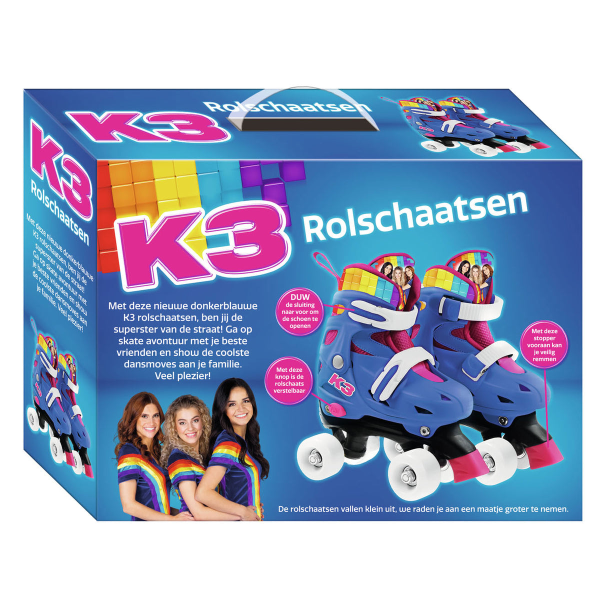K3 - Rollschuhe - Größe 34 37 - in 4 Größen verstellbar - mit Stopper - Weiß - Regenbogen - mit Rollen in 4 Farben