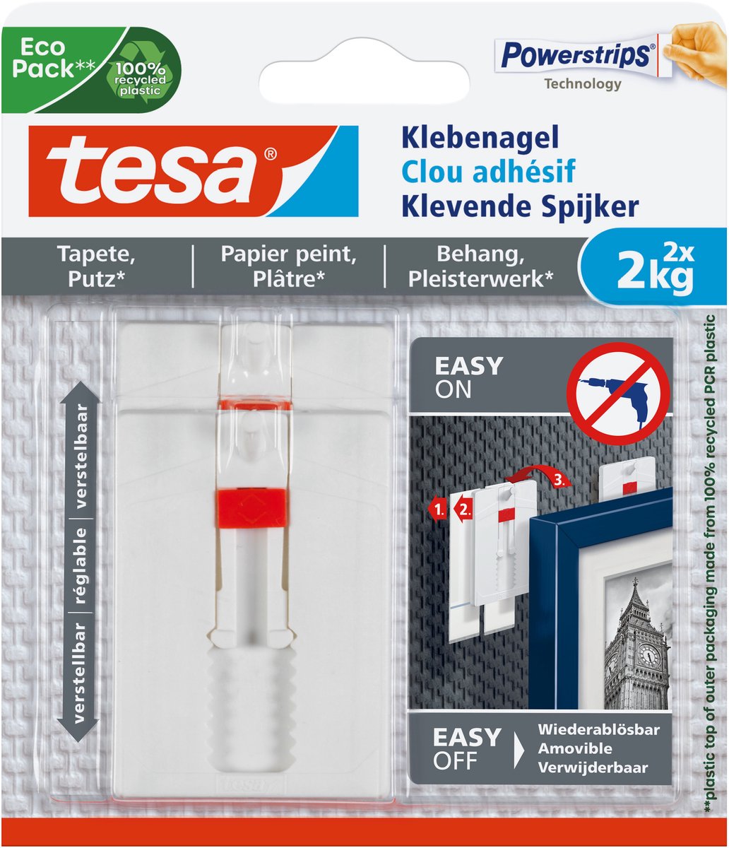 Tesa verstellbarer Nagel für Tapetenputz 2 kg – 2 Stück – Wandnagel – abnehmbar