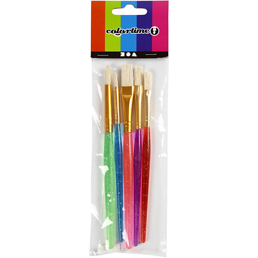 Creativ Company Pinsel für Kinder, Größe 8+12+18, L: 14-16 cm, B: 5-10 mm, flach, rund, verschiedene Farben, 5 Stück 1 Box