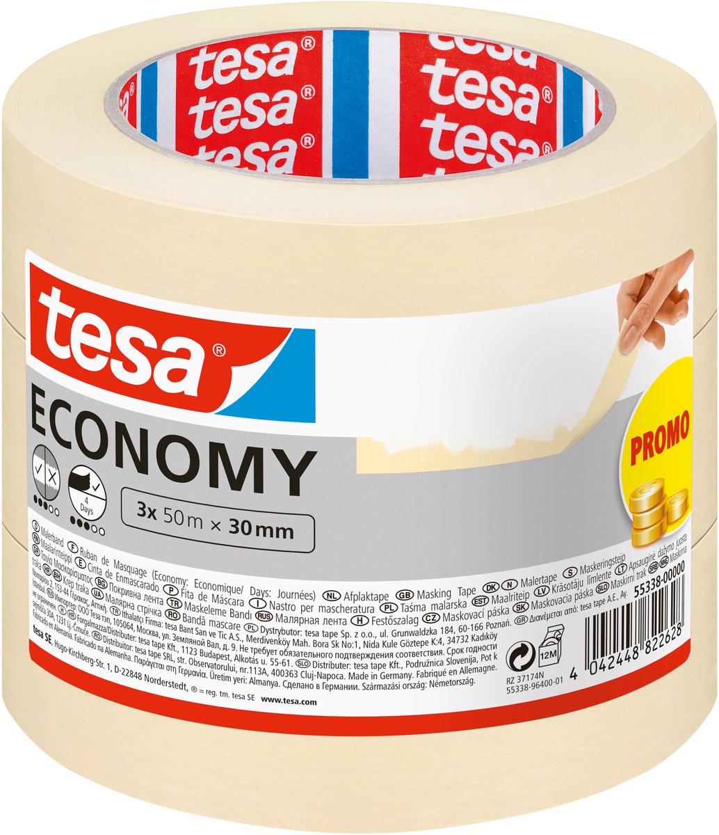 tesa Malerband Profi – Malerband aus dünnem Washi-Papier für besonders präzises Abkleben bei Malerarbeiten – für den Innen- und Außenbereich – 50 m x 30 mm