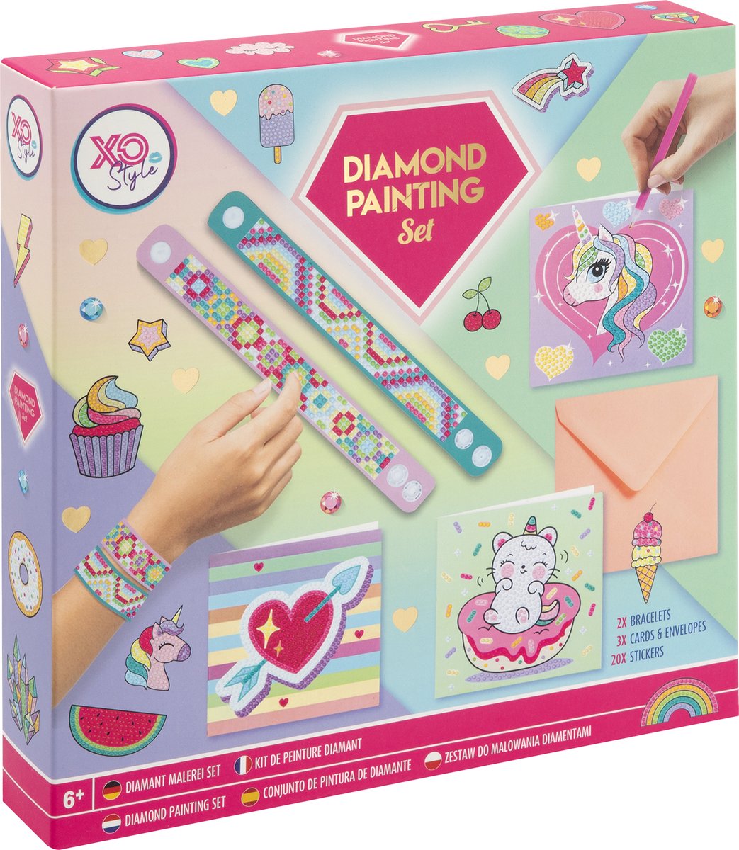 Moxy Diamant-Malset – kreatives Bastelset für Kinder – ab 6 Jahren – inklusive Zubehör und bunten Steinen – Armbänder basteln – Diamant-Malkarten – Diamant-Malaufkleber