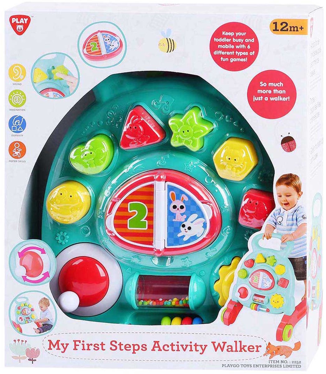 Playgo-Aktivitätslaufwagen aus Kunststoff mit Lernspielzeugen.