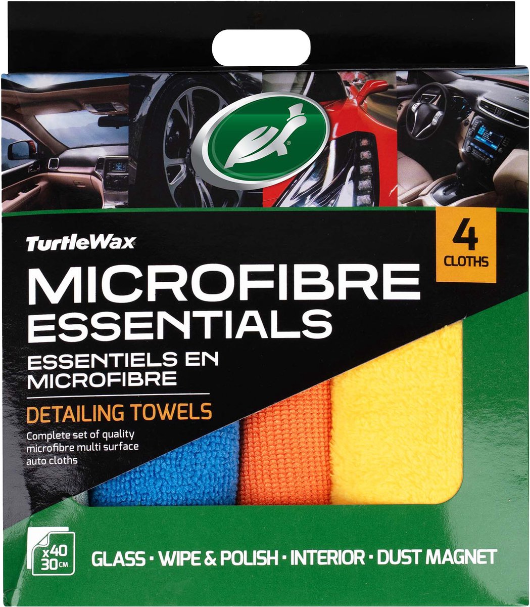 Turtle Wax-Mikrofaser-Essentials-Set – 4 verschiedene Mikrofasertücher – jedes Tuch eine bestimmte Detailaufgabe – Glasreinigung, Polieren, Polieren, Innenreinigung – 40 x 30 cm
