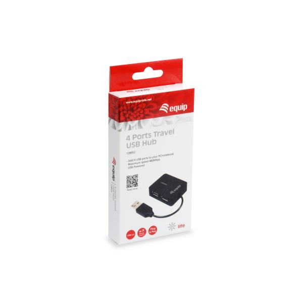 Equip 128952, 4-Port Reise-USB-Hub, USB 2.0, 480 Mbit s, Kunststoff, schwarz