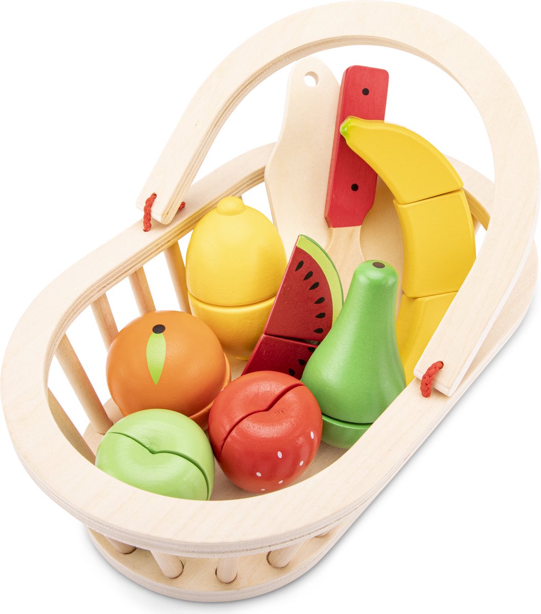 Woet ® houten fruitmandje speelset - snijbaar fruit in mand met snijplank - educatief speelgoedeten snijset - rollenspel speelgoed - vanaf 2 jaar