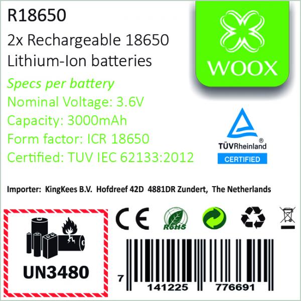 Woox r18650 ist ein Set aus 2 wiederaufladbaren Lithium-Ionen-Batterien vom Typ 18650