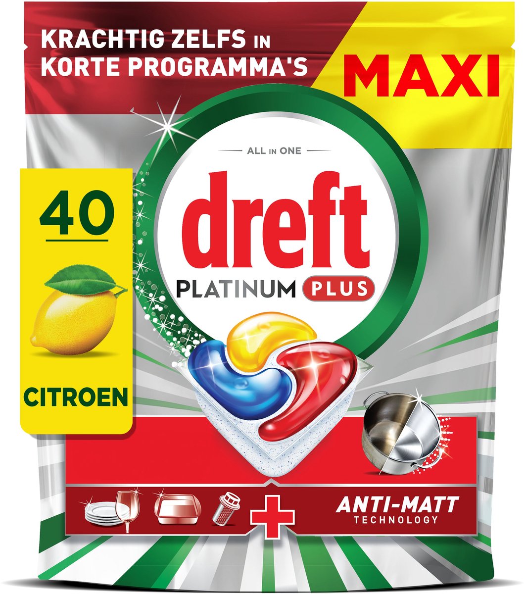 Dreft Platinum Plus Lemon Geschirrspültabs – Anti-Matt-Technologie – 40 Stück