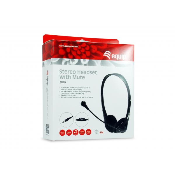 Equip 245304 Stereo-Headset mit Stummschaltung, Headset, Kopfband, Büro-Callcenter, schwarz, binaural, 1,8