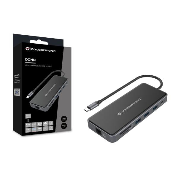 Conceptronic donn15g 12-in-1-Dockingstation, USB 3.2 Gen 1, Typ C, 100 W, HDMI, VGA, (Micro)SD