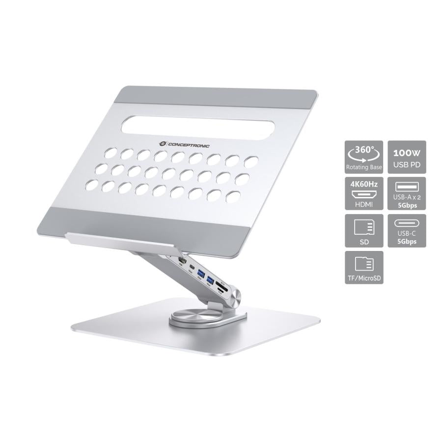 Conceptronic donn27g Laptopständer mit 7-in-1-Dockingstation, 360° drehbar, USB 3.2 Gen 1 Typ-C