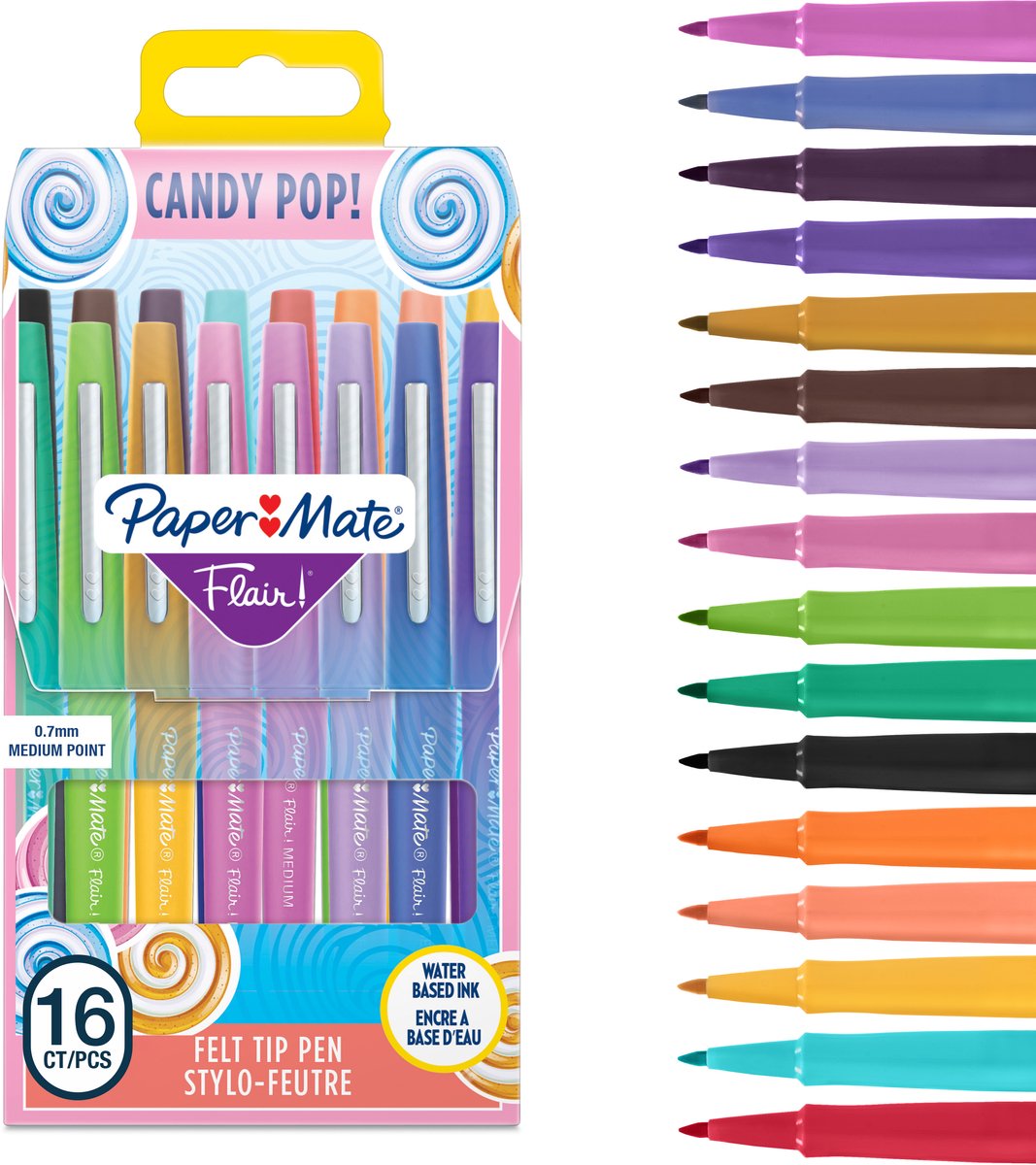 Paper Mate Filzstifte | mittlere Spitze (0,7 mm) | Candy Pop und verschiedene Farben | 16 Stück