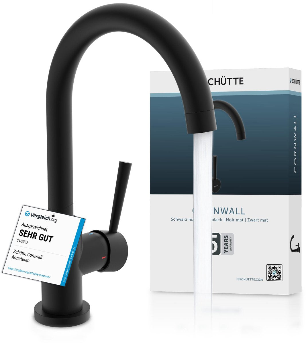 Schütte Cornwall Design Küchenarmatur – Mischbatterie – hoher schwenkbarer runder Auslauf – Seitengriff – Schwarz