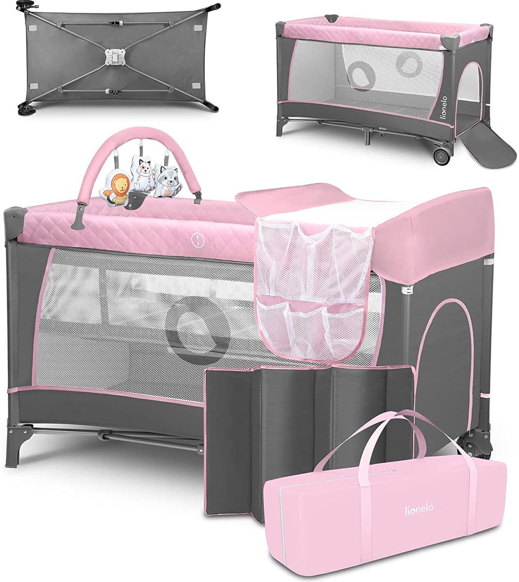 Lionelo Flower Campingbett – 2in1 – Mitwachsendes Bett – Beistellbett – Lockguard – Tragetasche – Reisebettbox – praktischer Seiteneingang mit Reißverschluss – hochwertige Schaumstoffmatratze – Schnellklappsystem – Multifunktionsbox und Reisebett