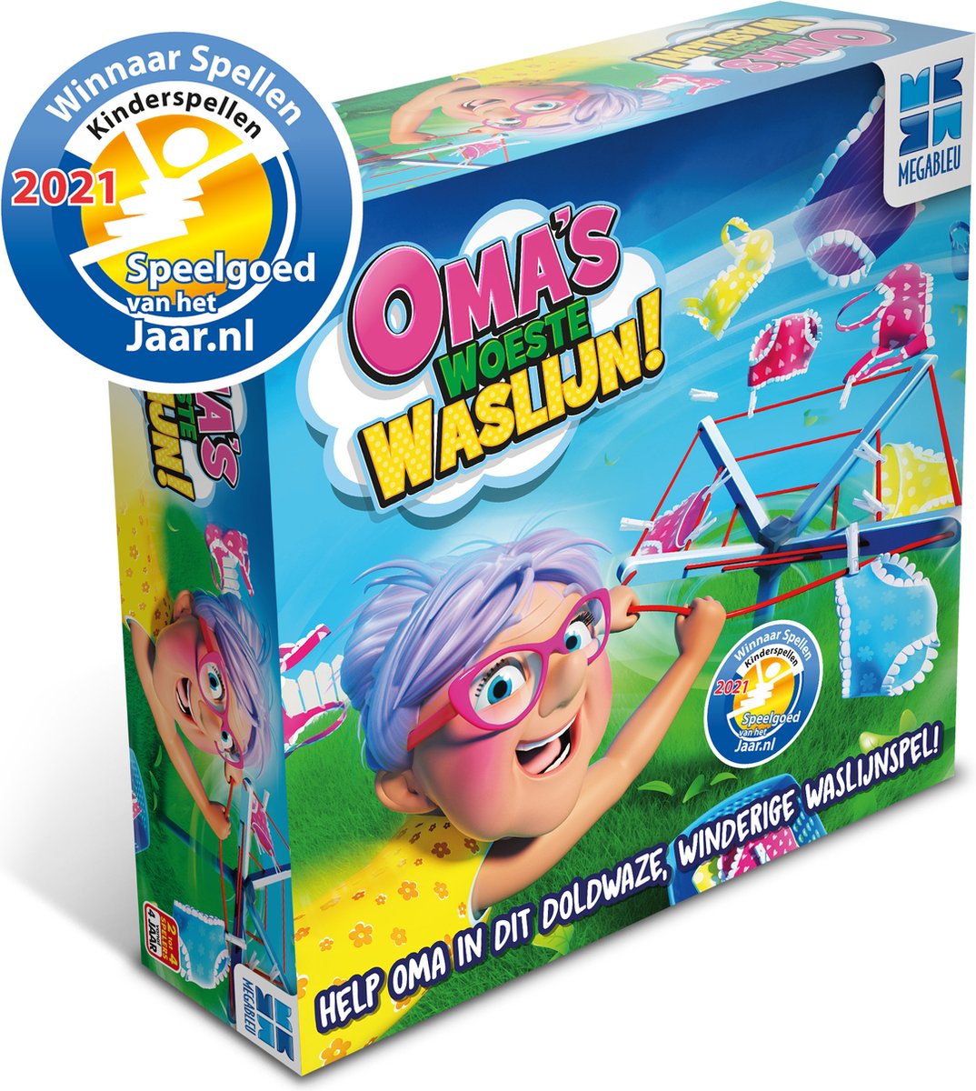 Megableu Omas wilde Wäscheleine – lustiges Actionspiel für Kinder – ab 4 Jahren – 2–4 Spieler – Kinderspiel mit rotierender Wäscheleine
