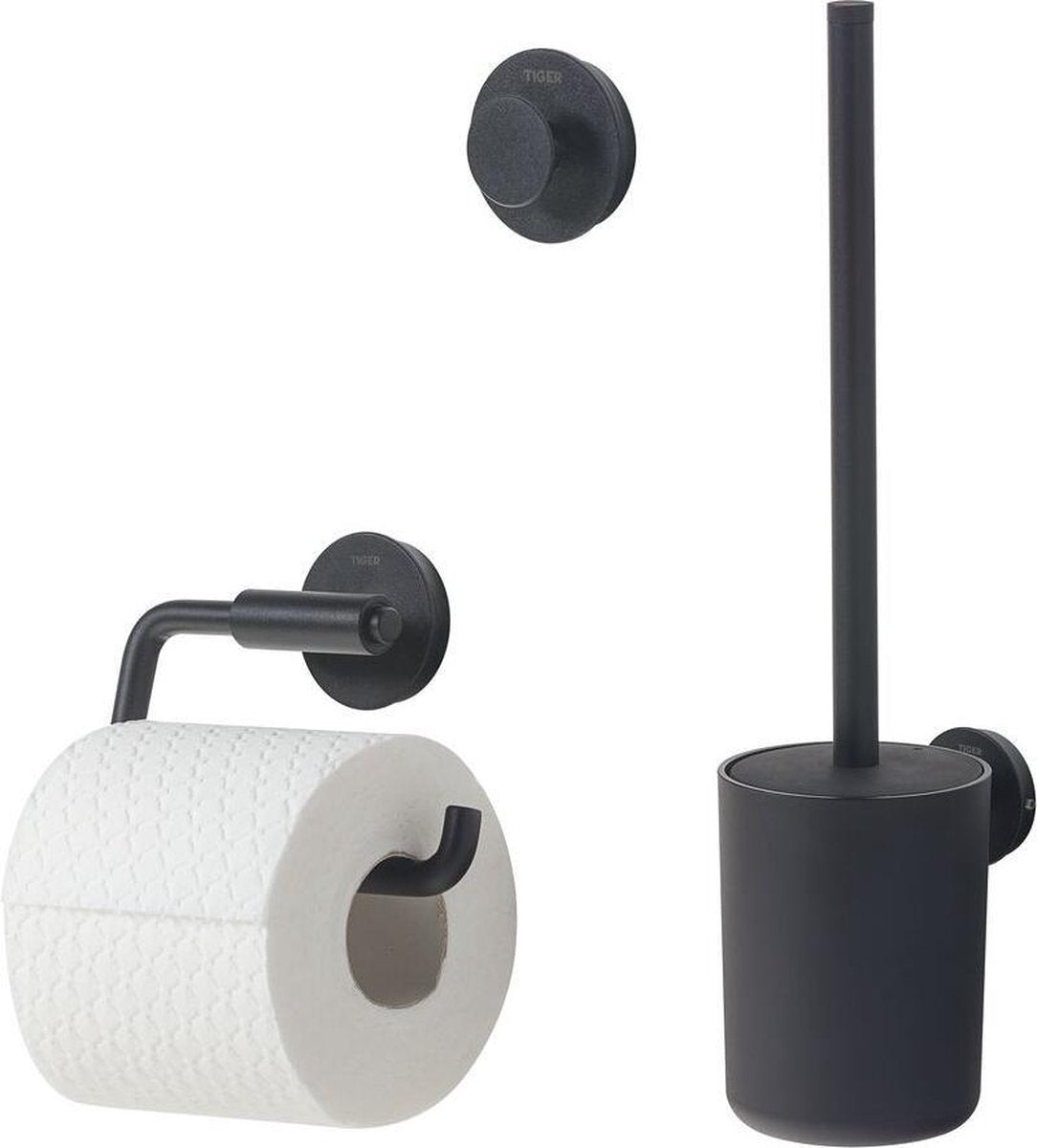 Tiger Urban Toilettenzubehörset – Toilettenbürste mit Halter – Toilettenpapierhalter ohne Klappe – Handtuchhaken – Schwarz
