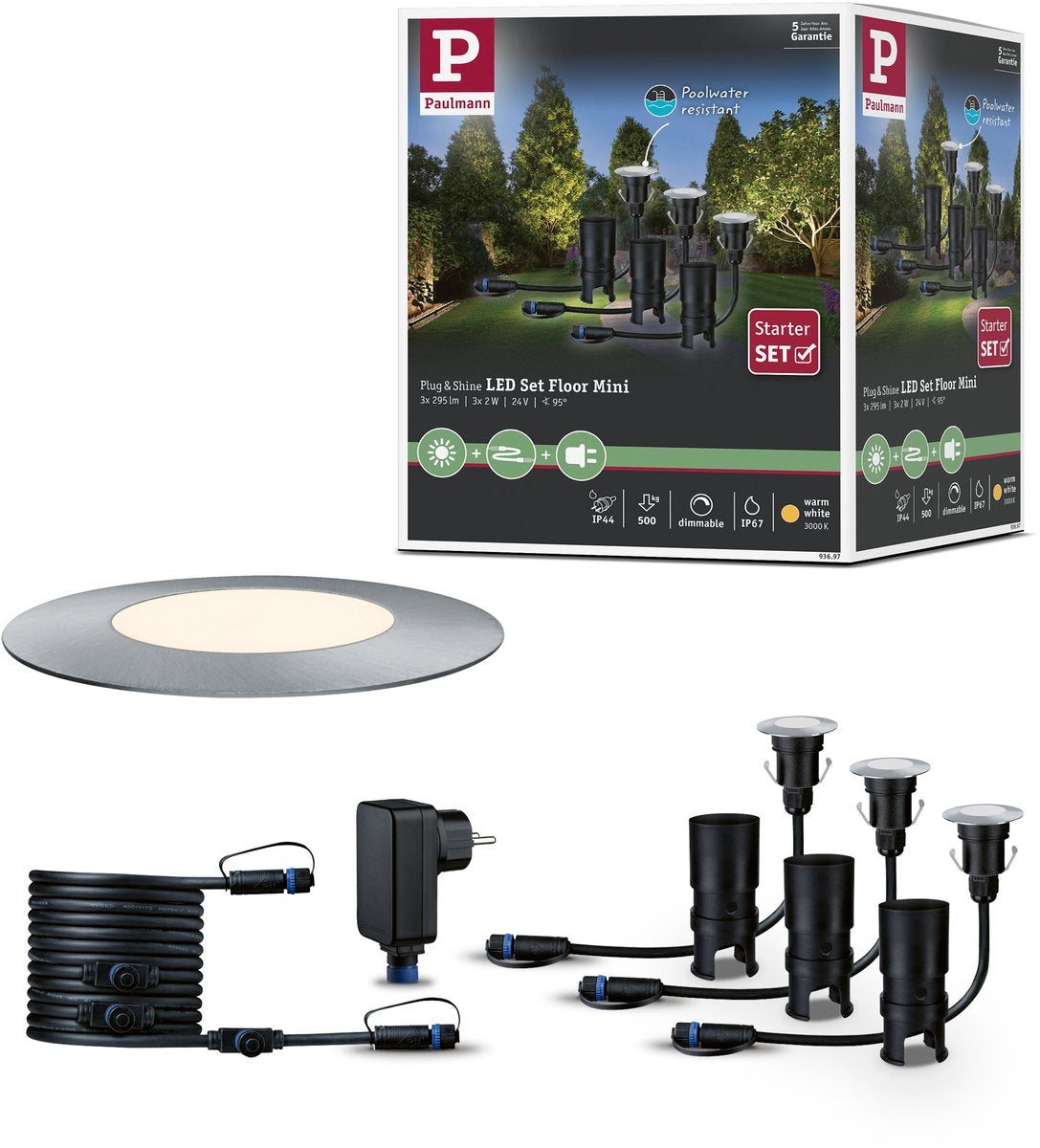 Paulmann Plug Shine LED Bodeneinbauleuchte Floor Mini Basisset IP67 3000K 3x2,5W 21VA Silber