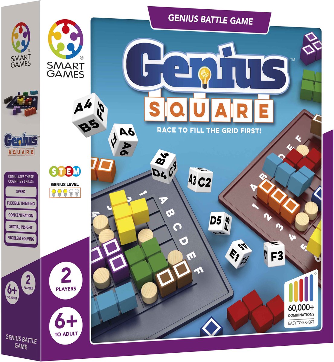 Smartgames Genius Square – schnelles strategisches Denkspiel – mehr als 62.000 Puzzle-Kombinationen – Solospiel 2 Spieler – ab 6 Jahren