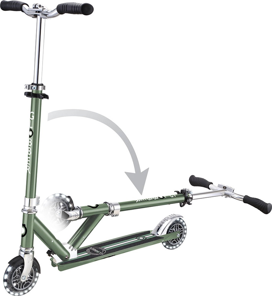 Globber Kinderroller - Flow - Green Chrome - leuchtende Räder - faltbar - ab 5 Jahren