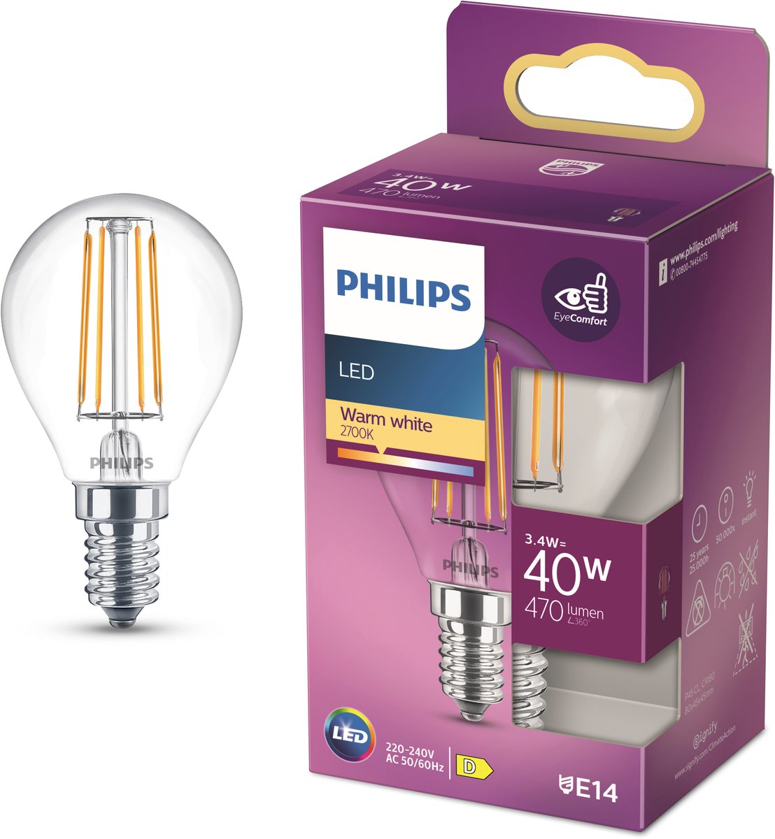 Philips led lamp - kogellamp met e14 fitting - warmwit licht: 2700k - 40w - helder glas