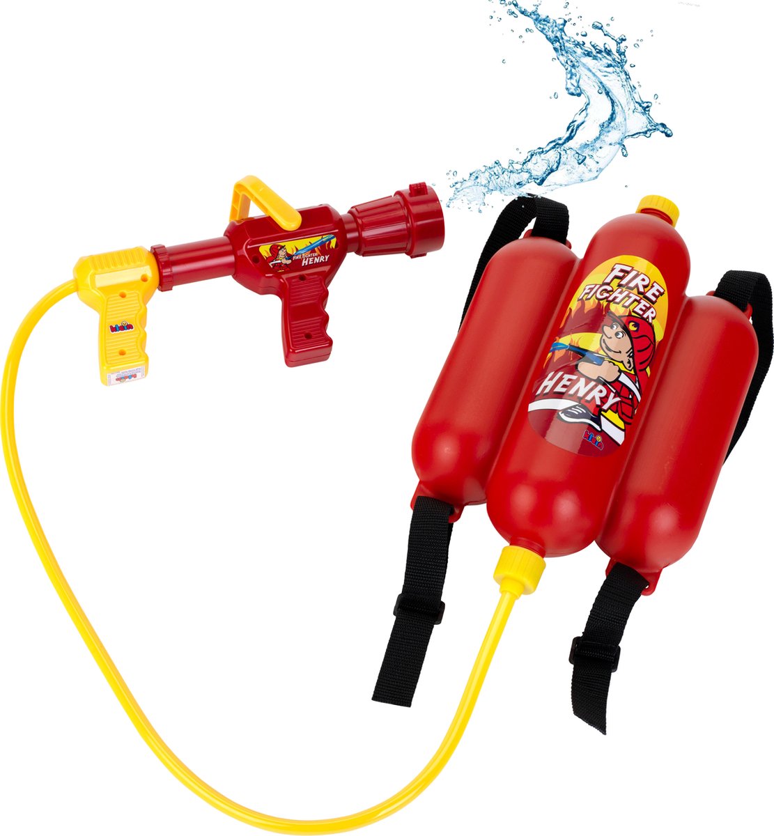 Klein Toys Spielzeug-Feuerspritze - 31x21x9 cm - inkl. Tragbarer 2-Liter-Wassertank und einfacher oder doppelter Wasserstrahl – rot, gelb