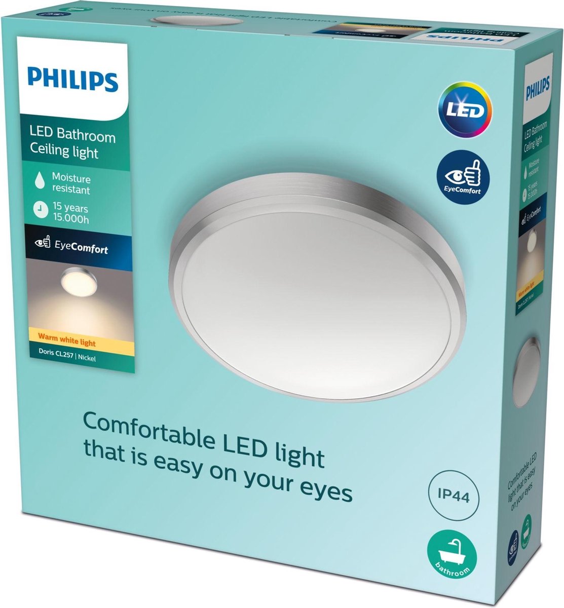 Philips led philips doris badkamerplafonnière - nikkel - groot - 17 w