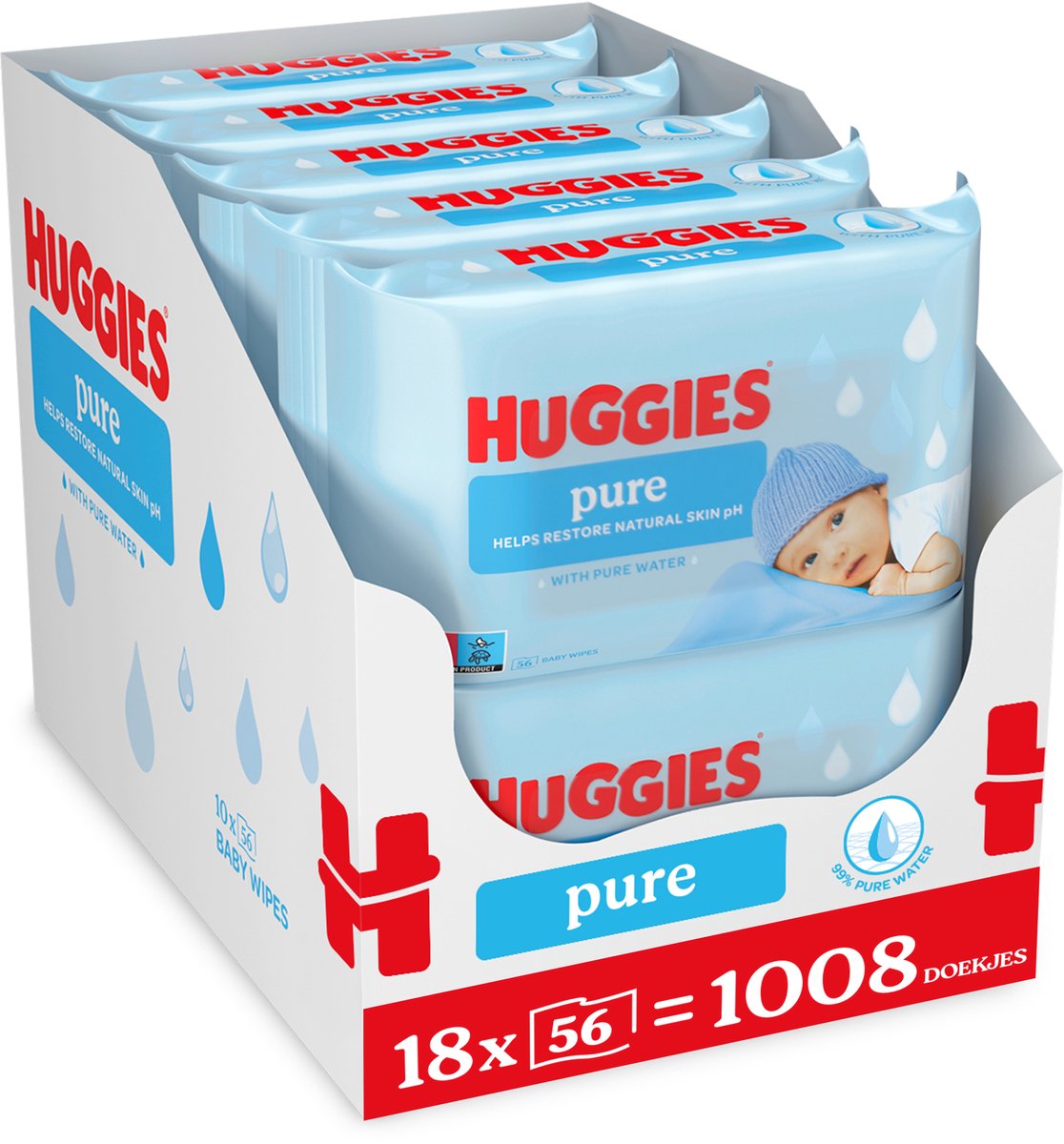 Huggies Babytücher – reines 99 % Wasser – 18 x 56 Stück – 1008 Tücher – Vorteilspackung