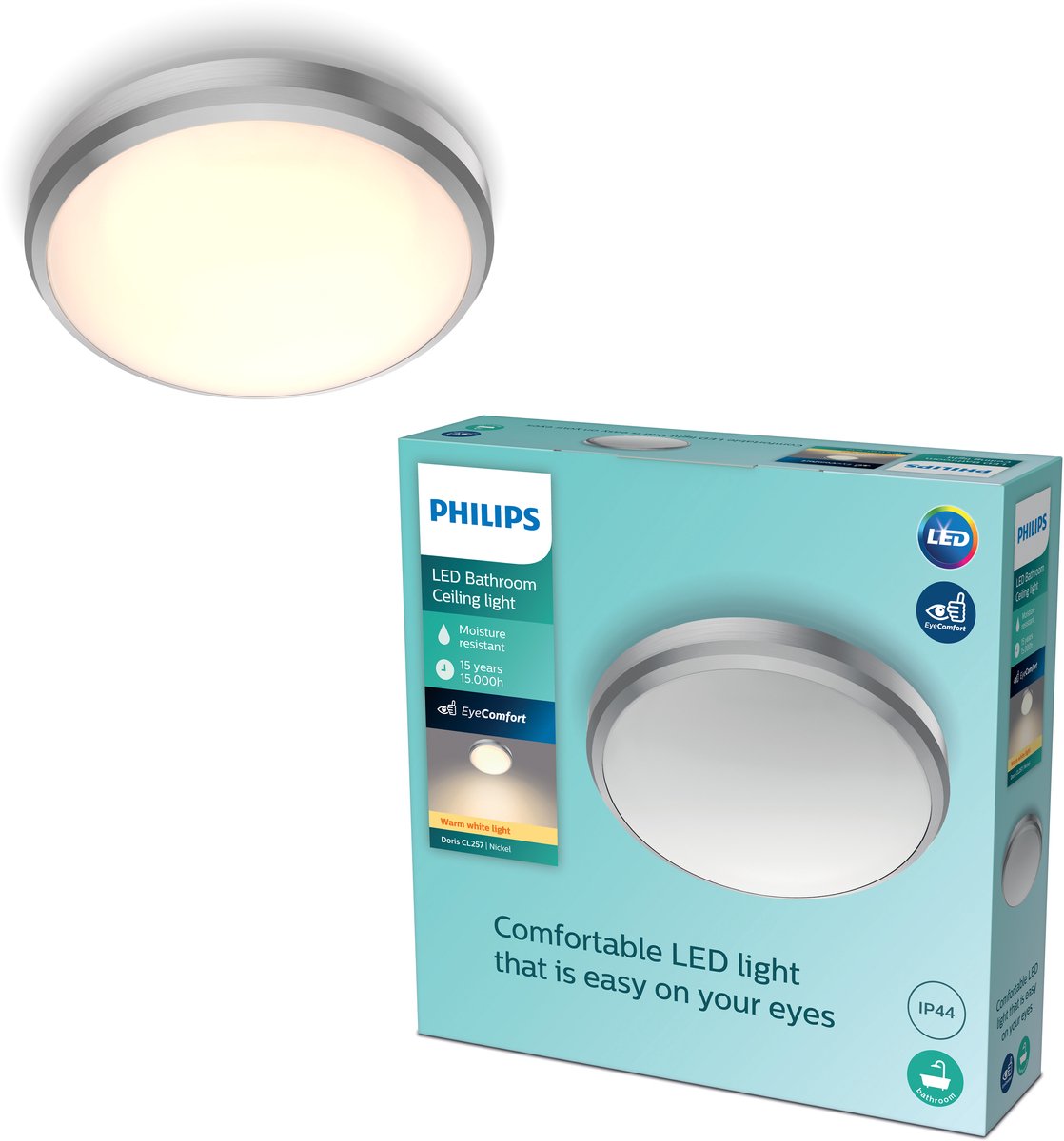 Philips led philips doris badkamerplafonnière - nikkel - klein - 6 w