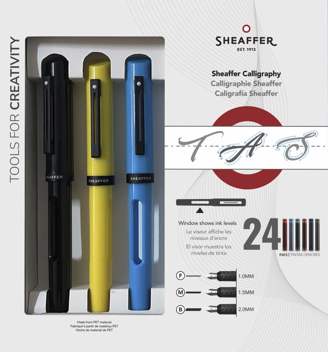 Sheaffer-Kalligraphiestift – schwarz, blau, gelb, Maxi – Feder F M B – SF-93404