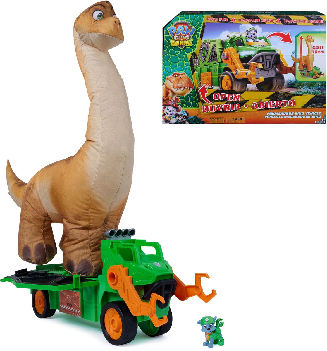 Paw Patrol – Der Dino-Film – Megasaurus-Dino-Fahrzeug mit einem 76,2 cm großen aufblasbaren Spielzeug-Dinosaurier und einer felsigen Actionfigur