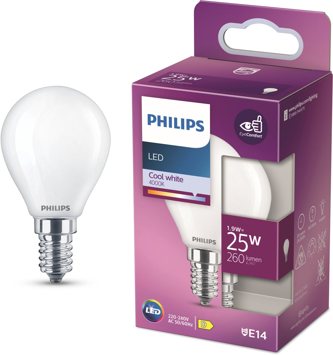Philips led lamp - kogellamp met e14 fitting - koelwit licht: 4000k - 25w - mat glas