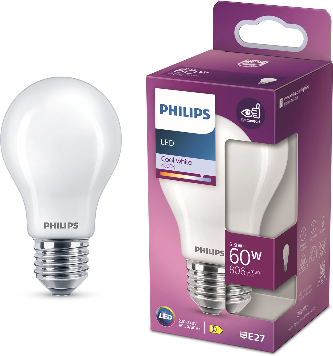 Philips led lamp - standaard lampvorm met e27 fitting - koelwit licht: 4000k - 60w - mat glas