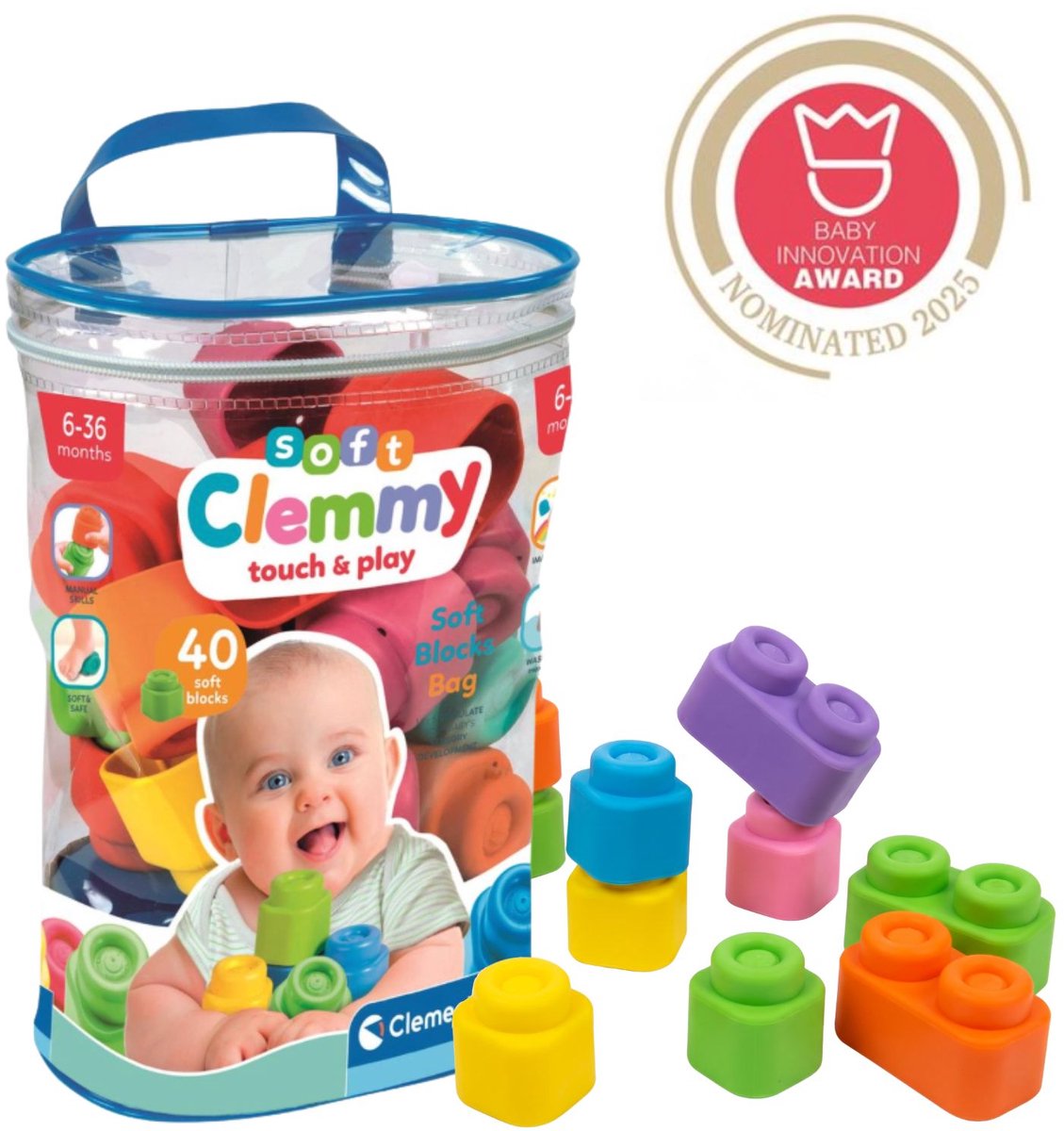 Clementoni Baby weiche Clemmy -Blöcke mit Aufbewahrungstasche, 40dlg.