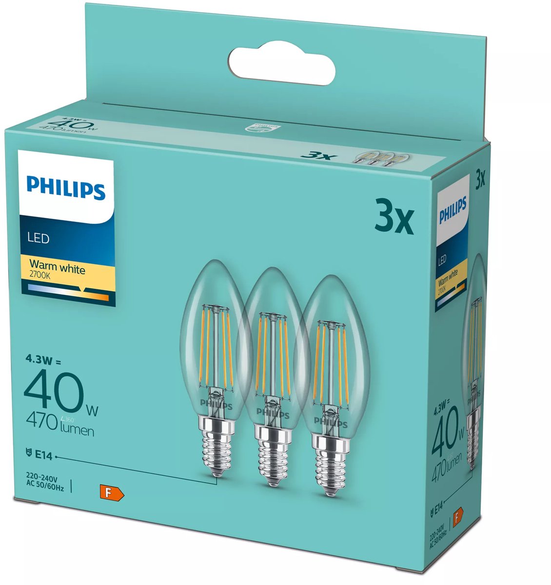 Philips led kaarslamp e14 4.3w - 2700k 806lm 230v - helder - b35 - vervangt 40w - warm wit licht - 3-pack