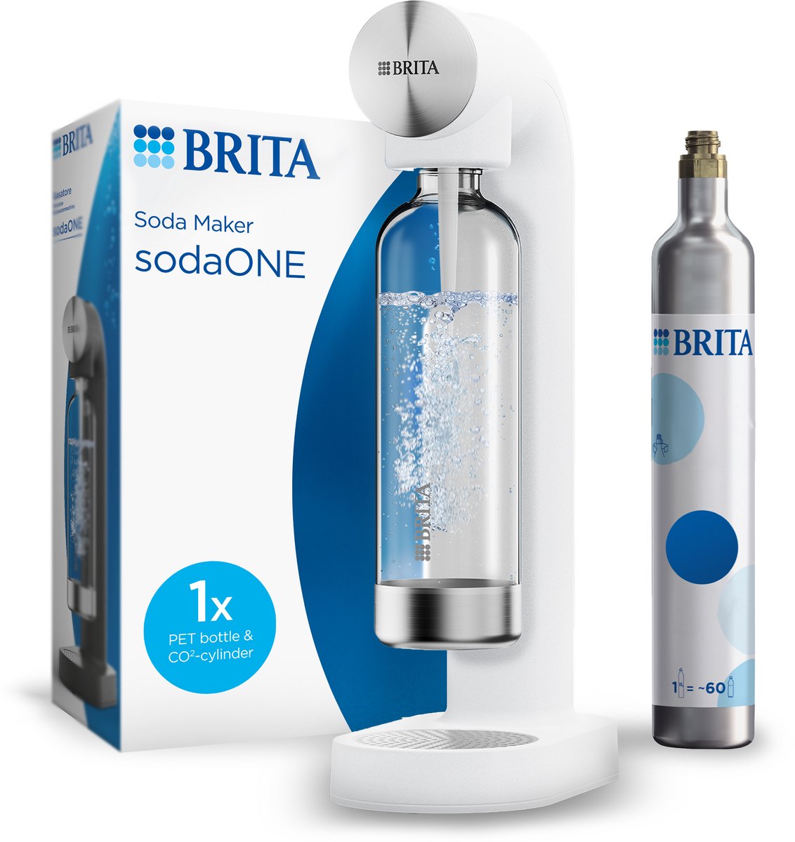 Brita Sodaone Sprudelwasserbereiter weiß – mit 1 CO2-Zylinder und 1 Limonadenflasche
