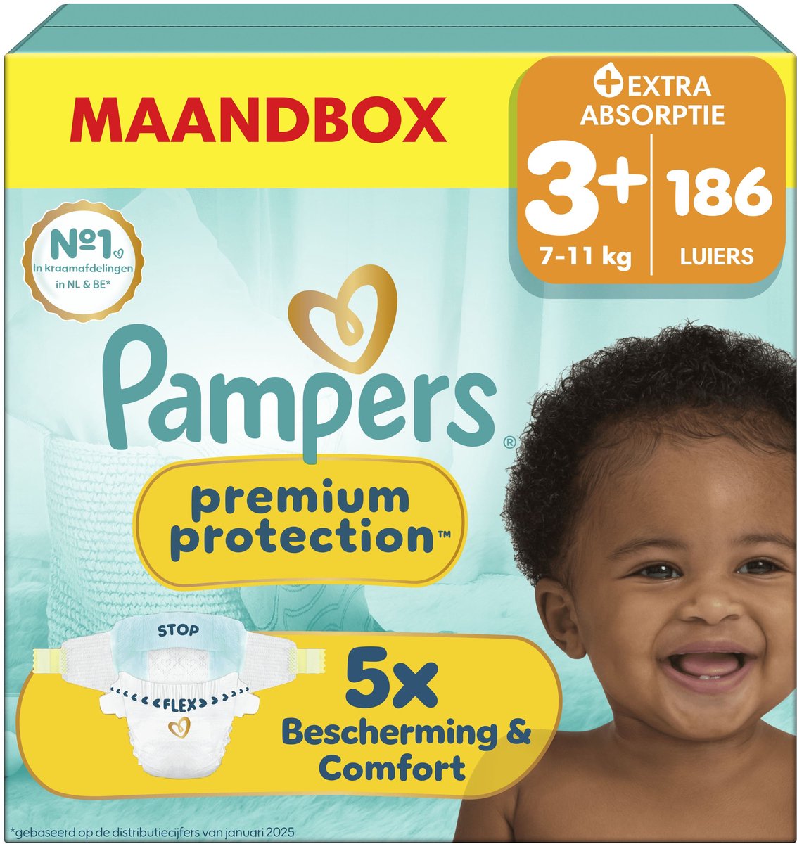 Pampers Premium Protection Größe 3+ – 186 Windeln – 7 kg–11 kg – Monatsbox