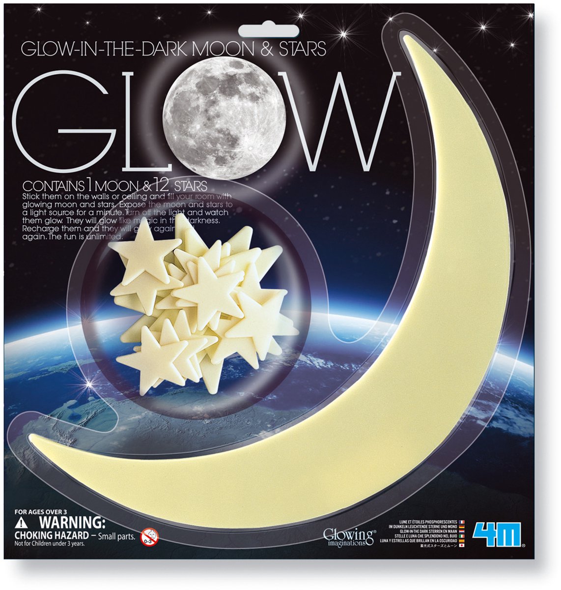 4 m im Dunkeln leuchtende Aufkleber – Mond und Sterne – 12 Sterne – 3 Größen – Wanddekoration für Kinder – 3+