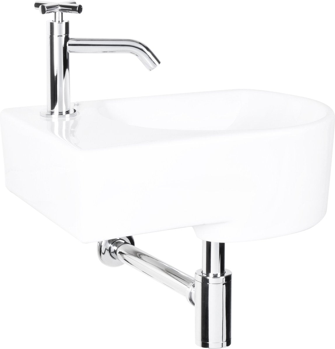 Differnz Appollo Springbrunnen-WC links - Set - Springbrunnen 41 x 27 cm inkl. Wasserhahn und Siphon - Keramik - Weiß