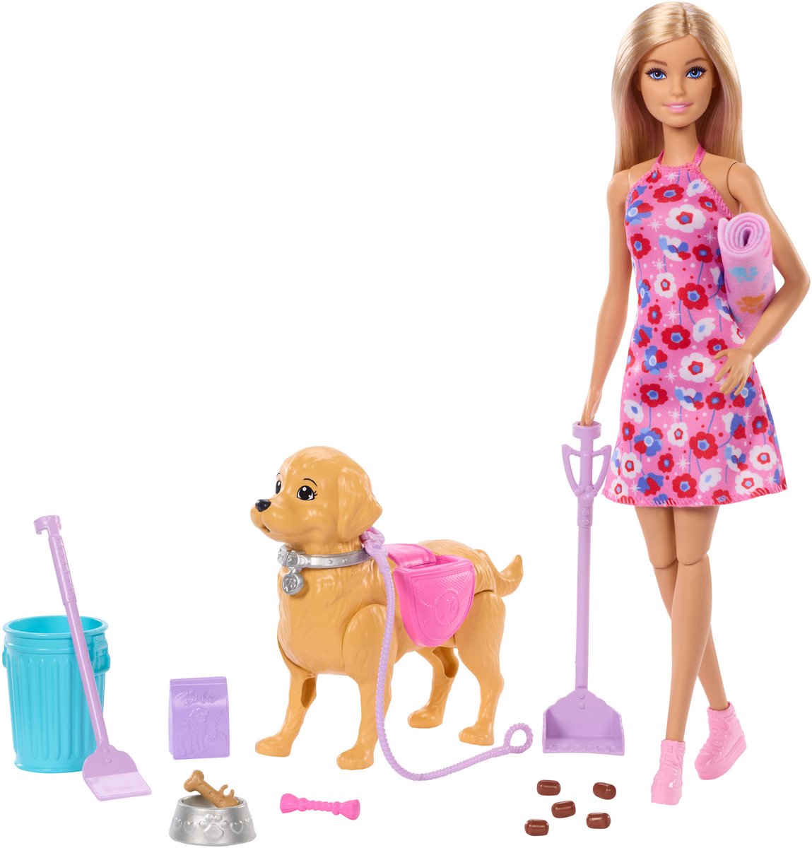 Barbie Malibu Spielzeugset für wandelnde Welpen – Puppe, katzfähiger Hund und Zubehör